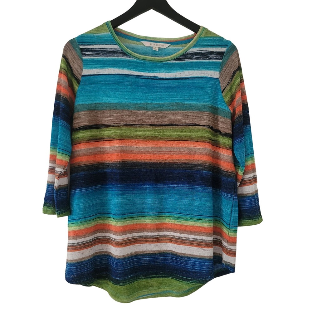 Erin London Top Multicolor Striped 3/4 Sleeve Crew Neck Pullover Boho S